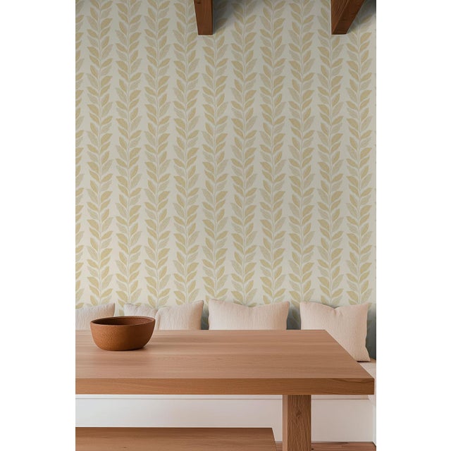 Garden Leaf Stripe Grasscloth Wallpaper by House Party | Rattan & White | 6 Yards For Sale - Image 4 of 7