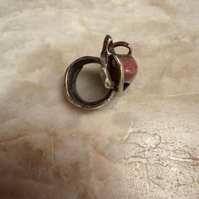 Metal Sculptural Ring With a Silver-Toned Metal Pink Stone Krahe For Sale - Image 7 of 9