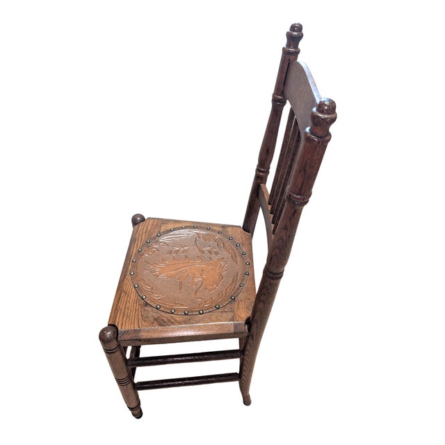 Early 20th Century Oak Spindle Back Side Chair With Embossed Heraldic Medallion Seat For Sale - Image 13 of 17