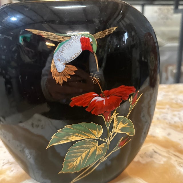 Asian Asian Ceramic Vintage Black Thin Vase With Hummingbird Accents For Sale - Image 3 of 7