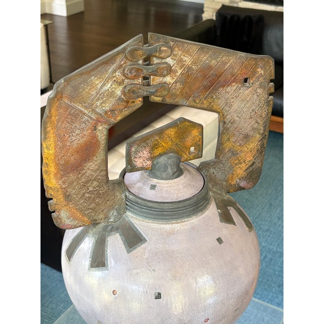 Postmodern Large Vintage Gerald & Kelly Hong Signed Raku Ceramic Vessel Postmodern Vessel Lidded Jar 18" For Sale - Image 3 of 17