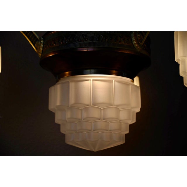 1920s Art Deco Brass and Frosted Pressed Glass Chandelier, 1920s For Sale - Image 5 of 18
