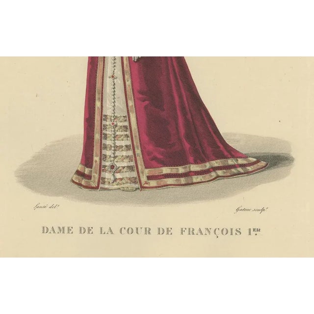 Hand-Colored Engraving of a Lady of the Court of François I, ca. 1900 edition This elegant hand-colored engraving depicts...