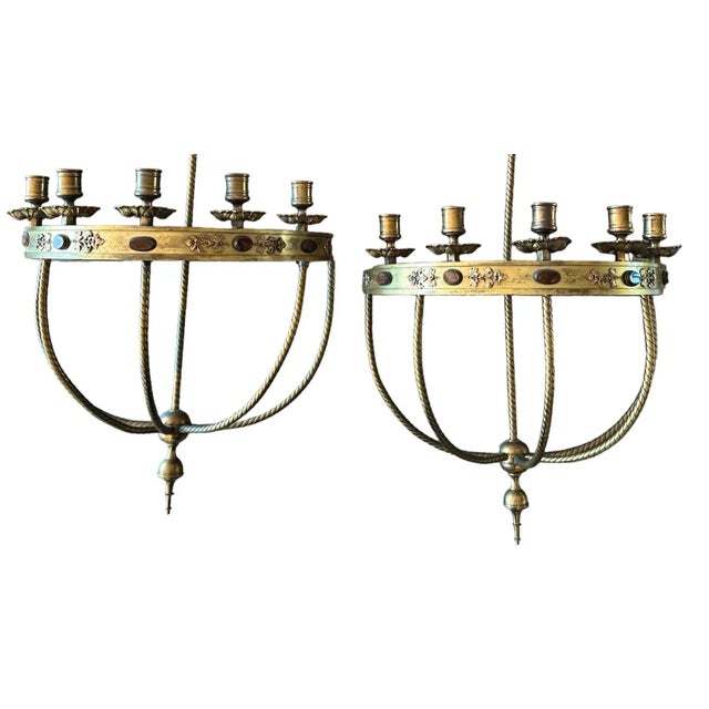 Early 19th Century Early 19th Century & Large Pair of Antique Victorian Brass Tole Sword Candle Scones For Sale - Image 5 of 9