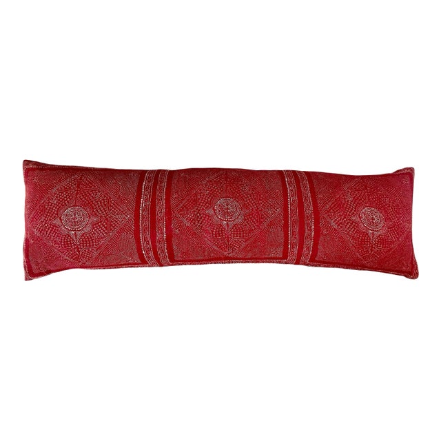Custom 40 “ Red & White Linen Block Print Boho Linen Lumbar Pillow. Feather Down Insert For Sale