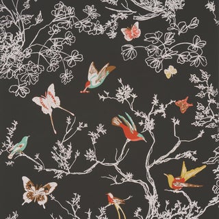 Schumacher Birds & Butterflies Wallcovering In Graphite For Sale