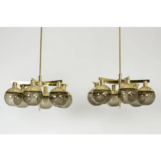 Pair of striking chandeliers by Hans-Agne Jakobsson. Brass frames, each with six arms suspending smoke colored glass...