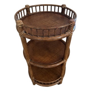 Vintage McGuire Porto Petite Three-Tier Rattan End Table on Casters For Sale