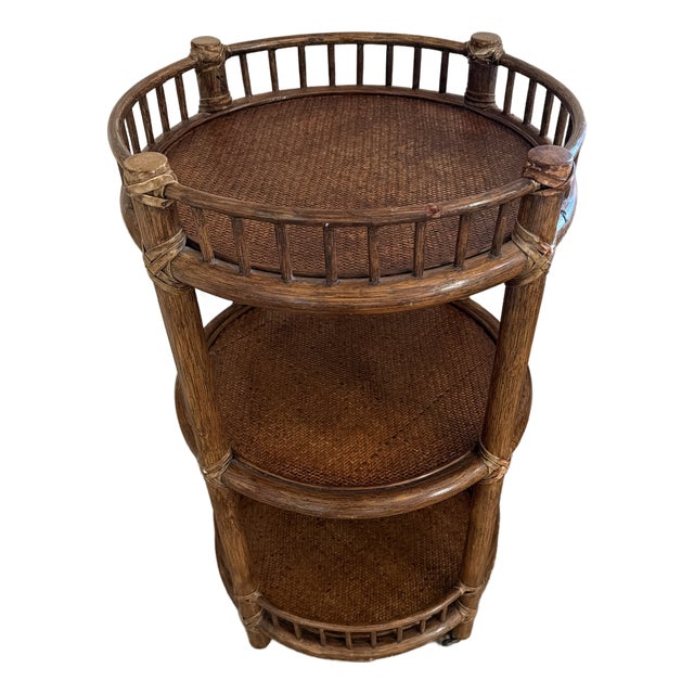 Vintage McGuire Porto Petite Three-Tier Rattan End Table on Casters For Sale