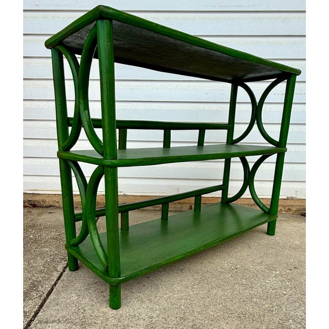 Mid-Century Green Rattan Etagere Bookcase Console - Newly Painted For Sale - Image 9 of 10