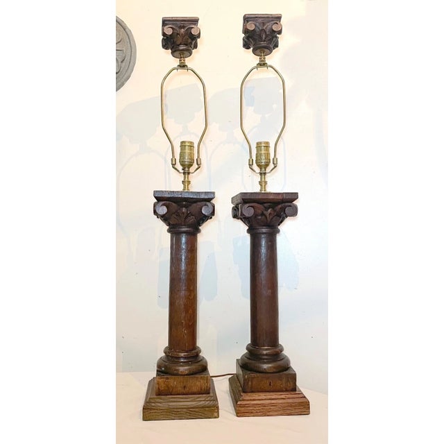 Pair of Antique 1800's Carved Wood Figural Sculpture Architectural Salvage Lamps For Sale - Image 4 of 12