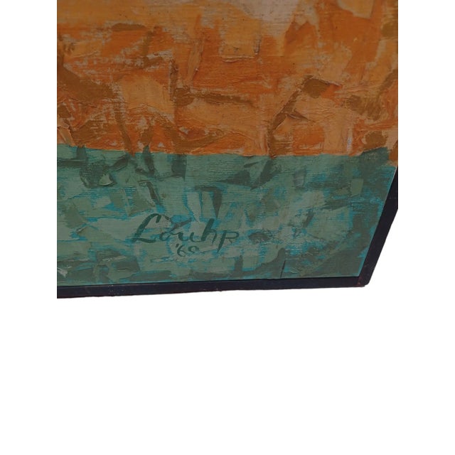 Vintage abstract oil painting on canvas in greens and oranges. Signed Lou H P 60 lower right Back of Canvas is stamped Lou...