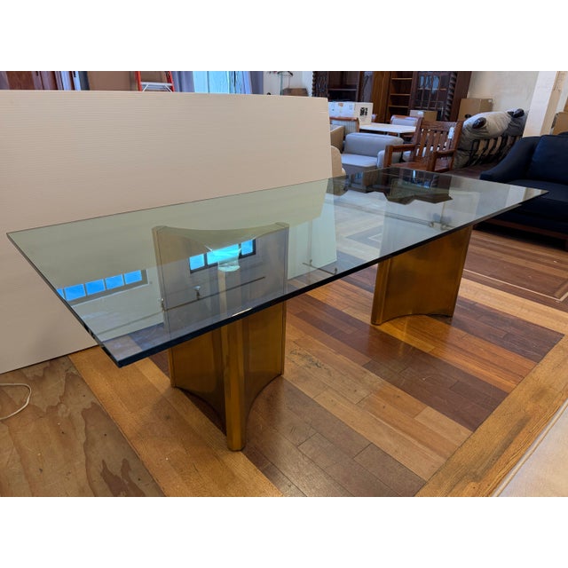 Postmodern Attributed Mastercraft Trilobi Brass Double Pedestal Glass Dining Table, 1970s For Sale - Image 3 of 12