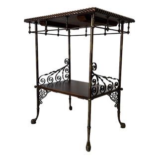 Antique Victorian Oak Wood and Brass Two-Tier Accent Table With Twisted Gallery For Sale