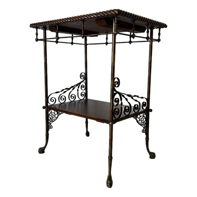 Antique Victorian Oak Wood and Brass Two-Tier Accent Table With Twisted Gallery For Sale