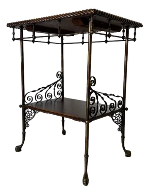 Antique Victorian Oak Wood and Brass Two-Tier Accent Table With Twisted Gallery