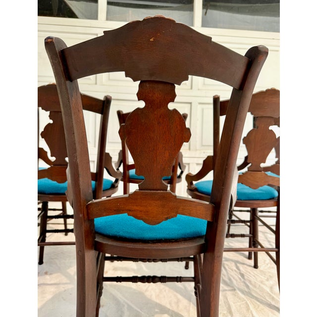 Set of 6 Antique Victorian Eastlake Walnut Dining Chairs With Burled Shield Backs For Sale - Image 13 of 15