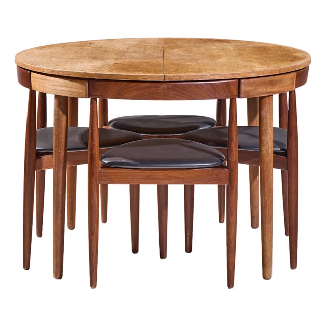 Hans Olsen for Frem Rojle Mid Century Expanding Teak Dining Table With 4 Nesting Chairs For Sale