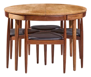 Hans Olsen for Frem Rojle Mid Century Expanding Teak Dining Table With 4 Nesting Chairs
