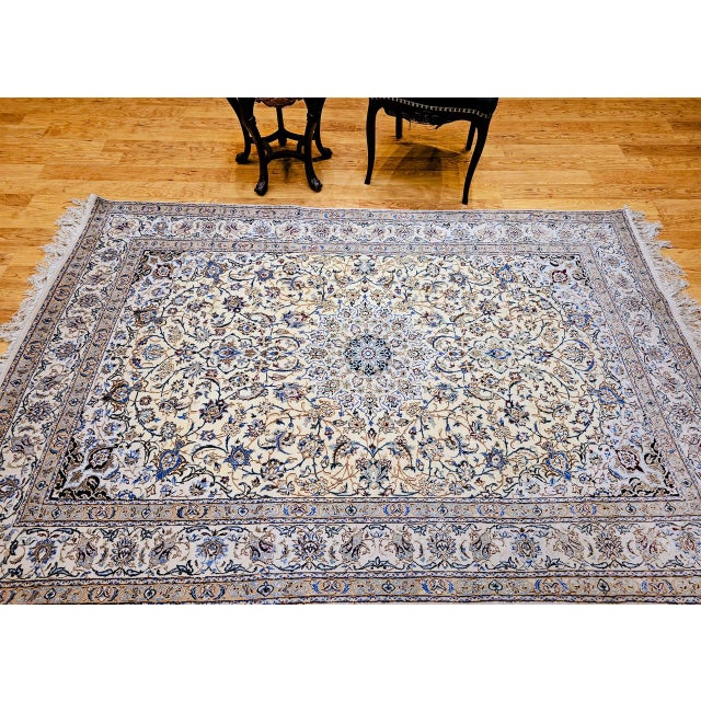 1900 - 1909 Vintage Persian Nain Area Rug, Hand-Knotted Wool & Silk, Floral Pattern, 5x7, Ivory & Blue For Sale - Image 5 of 16
