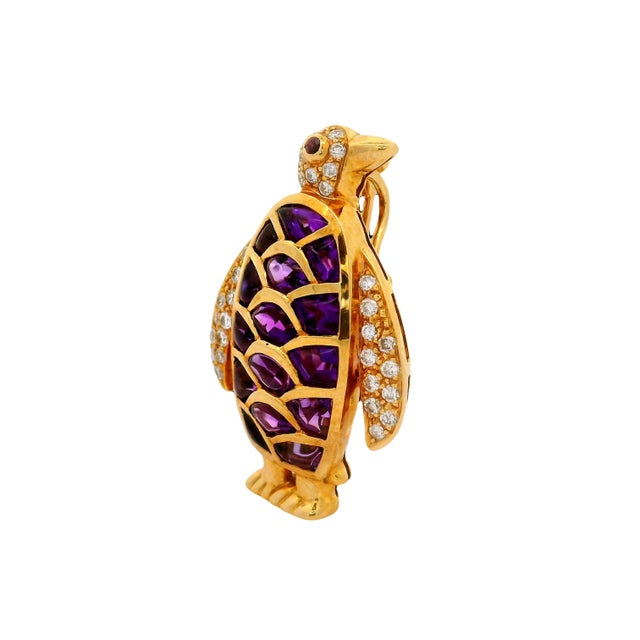 Amethyst Diamond Ruby 18k Yellow Gold Penguin Pendant Brooch For Sale - Image 4 of 6
