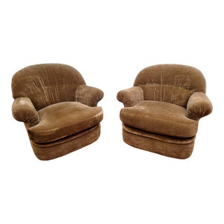 Vintage Extra Wide Henredon Ralph Lauren Taupe Strie Velvet Swivel Chairs- Pair For Sale