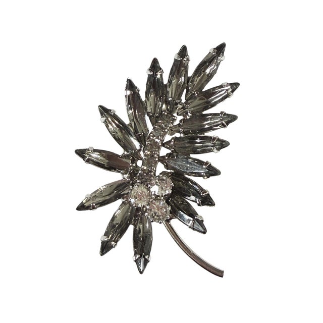 Vintage White Gold Tone Rhinestone Brooch Floral Leaf Cluster Pin W/Faux Marquise Crystal For Sale - Image 4 of 6