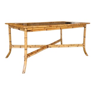 Vintage Organic Modern Rattan Dining Table With Glass Top For Sale
