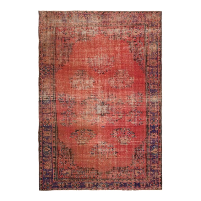 1970s Vintage Turkish Oushak Handmade Wool Cotton Red Area Rug For Sale