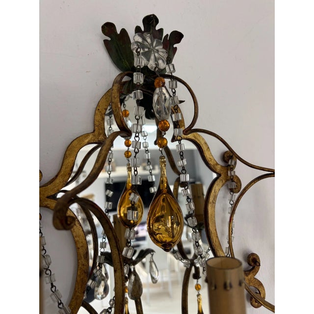 Italian Tuscan Mirror Metal Florentine Sconces C 1900 Amber Blown Murano Glass For Sale - Image 11 of 12