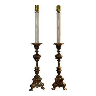 Vintage Brass Church Altar Candlestick Buffet Lamps a Pair For Sale