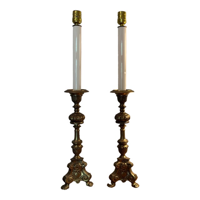 Vintage Brass Church Altar Candlestick Buffet Lamps a Pair For Sale