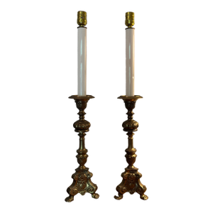 Vintage Brass Church Altar Candlestick Buffet Lamps a Pair