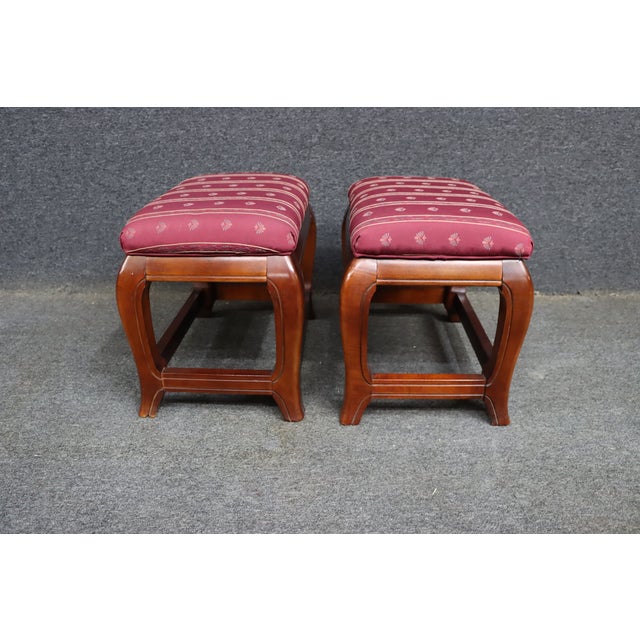 Wood Pair of Ethan Allen Chinoiserie Style Upholstered Footstools For Sale - Image 7 of 13