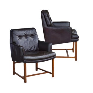 Brown Leather Dunbar Lounge Chairs - A Pair For Sale