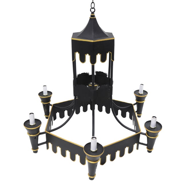 Early 21st Century Black Tole Pagoda Style Tower Chandelier With Gold Accents For Sale - Image 5 of 12