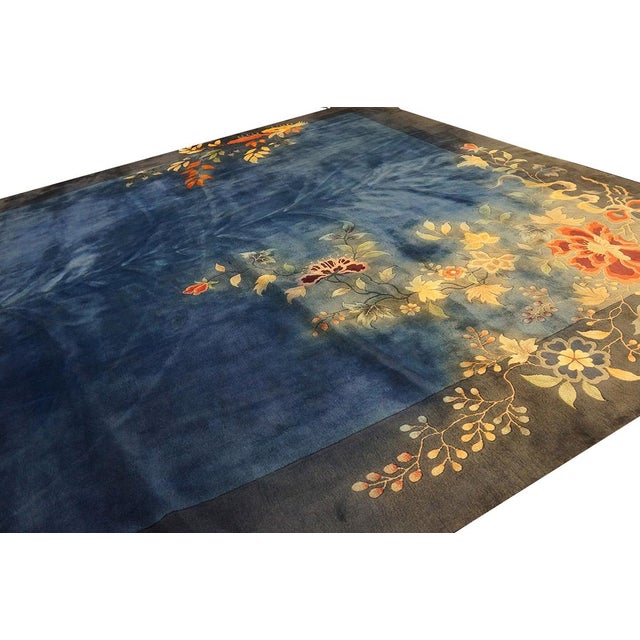 1930s Royal Blue Solid Floral Modernist Antique Chinese Art Deco Gallery Rug For Sale In New York - Image 6 of 12