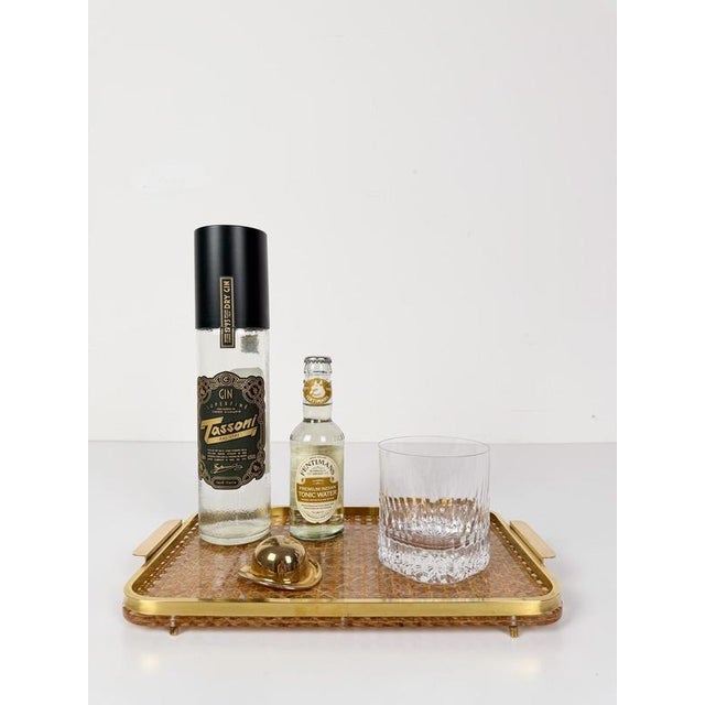 Mid-Century Modern Acrylic Glass, Brass and Cane Webbing Tray in the style of Christian Dior, 1970s For Sale - Image 6 of 18