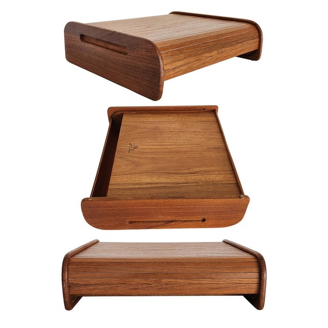 Ethan Allen Mid 20th Century Teak Wood Tambour Desk Top Organizer Box For Sale - Image 4 of 12