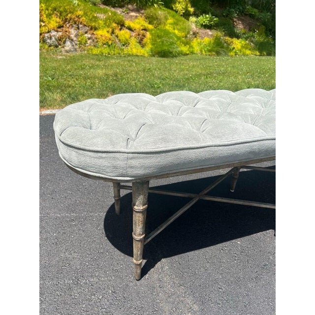 Modern Faux Bamboo Tufted Velvet Bench in Grey Blue Upholstery For Sale - Image 10 of 18