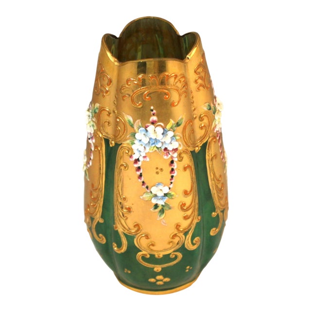 Antique Handcrafted Bohemian Art Glass Green Glass & Gold Gilt Vase With Enamel Flowers For Sale