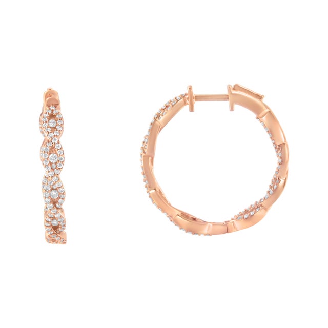 Inlaying both the front and back side of these striking 10k rose gold hoop earrings, are 1ct of brilliant round cut...