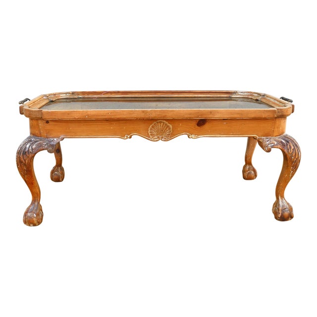 Vintage Chippendale Brass and Pine Tray Coffee Table For Sale