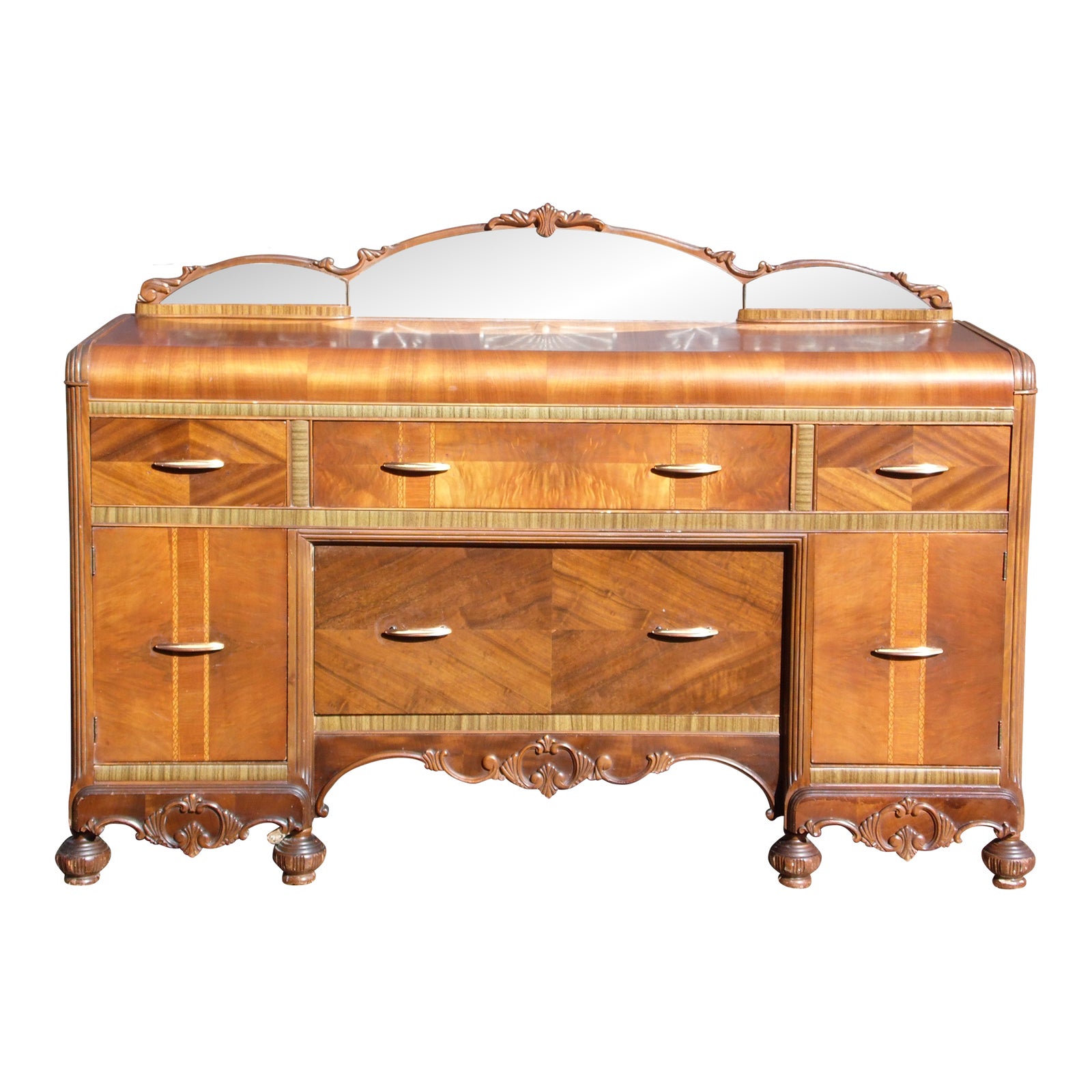 Vintage Walnut Art Deco Waterfall Buffet Server Sideboard Credenza