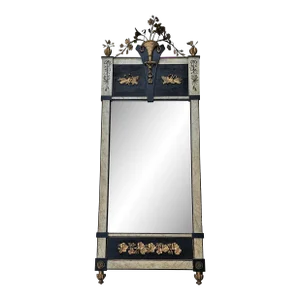 19th Century Continental Gilt Pier Mirror With Flower Basket Crest & Faux Marbleized Pilasters