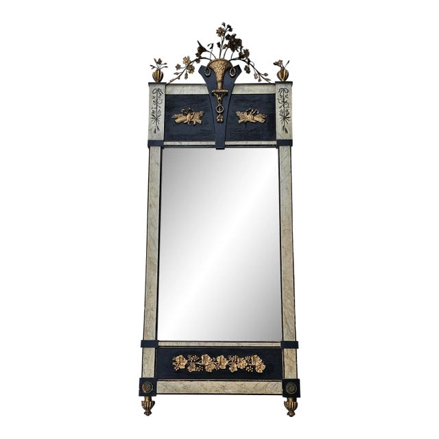 Antique 19th Century Continental Gilt Pier Mirror With Flower Basket Crest & Faux Marbleized Pilasters For Sale