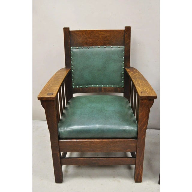 Arts & Crafts Early 1900s Mission Oak Arts & Crafts Stickley Jm Young Style Lounge Arm Chairs Green - Pair For Sale - Image 3 of 12