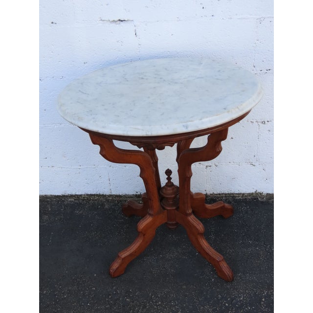Wood Late 1800s Victorian Eastlake Marble Top Carved Side Table 6909 For Sale - Image 7 of 18