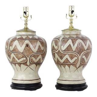 Vintage Tribal Pattern Ceramic Ginger Jar Table Lamps - a Pair For Sale