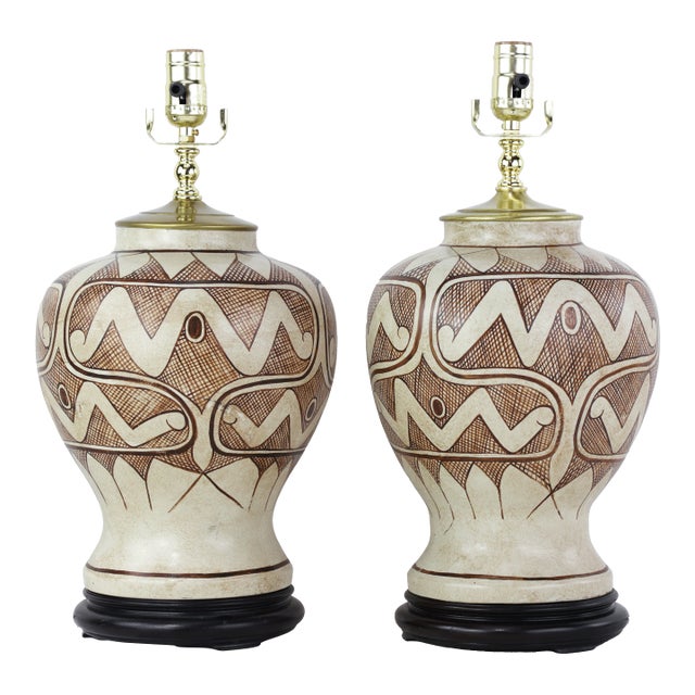 Vintage Tribal Pattern Ceramic Ginger Jar Table Lamps - a Pair For Sale